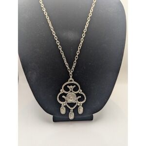 Vintage Silver Tone Filigree Pendant Necklace Ornate Swirl Dangle Chandelier